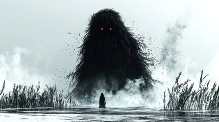 A woman stands alone, facing a mysterious, towering creature in a misty, eerie setting.