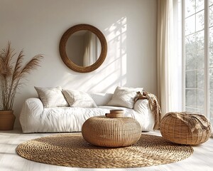 Wall Mural - A minimalist white living room with sleek, geometric furniture and soft natural light.