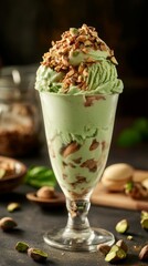 Poster - Pistachio ice cream sundae being topped with chopped pistachios