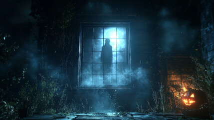 Wall Mural - A spooky silhouette appears in a window on a foggy Halloween night.