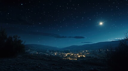 a single shining star in the night sky above a quiet bethlehem landscape, creating a peaceful, holy 