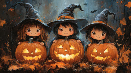 Wall Mural - Three cute witches holding jack-o'-lanterns.