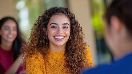 portrait of smiling young latina hispanic female college student with peers, university students