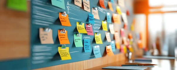 Poster - Colorful Sticky Notes on a Blue Wall.