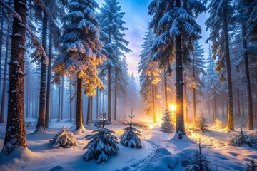 Poster - Serene winter forest at sunrise with snow covered trees illuminated by golden light