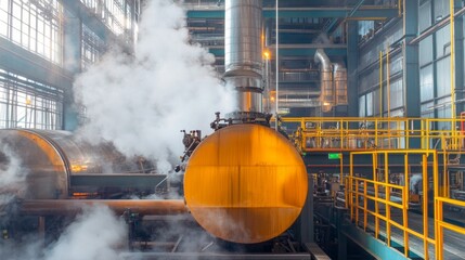 a yellow industrial boiler with metal structures in a spacious factory releasing large amounts of st