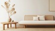 © MakoPoko - Minimalist living room with natural rattan furniture and a simple dry plant in a vase, set against a neutral background
