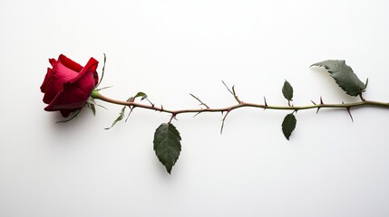 Canvas Print - Single red rose lying on a white background with thorns