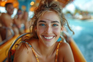 A woman with blue eyes and a smile is sitting on a boat