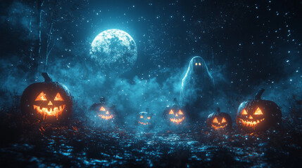 Wall Mural - Spooky Halloween scene with glowing jack-o'-lanterns and a ghostly figure under a full moon.