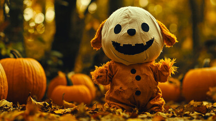 Wall Mural - A cheerful jack-o-lantern doll stands among pumpkins in the autumn forest.