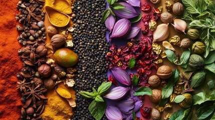 Wall Mural - Spices, Herbs, and Nuts Arranged in Vertical Rows