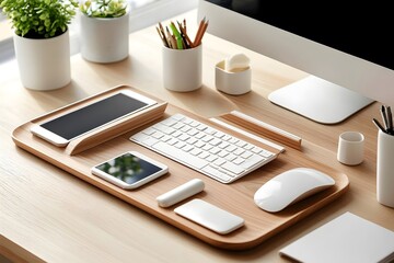 Poster - Minimalist Desk Setup with Wooden Tray.