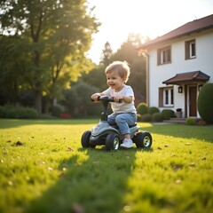 A young child riding a small electric scooter or toy vehicle on a grassy lawn in front of a house, or road with trees and sunlight in the background