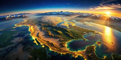 Aerial view of the contiguous United States at dusk, with warm golden lighting and subtle shadows, highlighting mountain ranges and coastal areas.