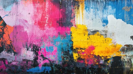 A vivid and colorful abstract grunge art wall, showcasing textured layers and bold splashes of color, blending into a striking urban design.