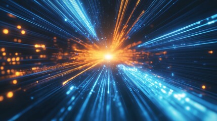Fototapete - Glowing digital technology background featuring blue and orange light rays with abstract lines of code and high-speed motion effects. Futuristic concept for big data analysis, science, and cyberspace,