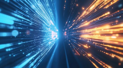 Glowing digital technology background featuring blue and orange light rays with abstract lines of code and high-speed motion effects. Futuristic concept for big data analysis, science, and cyberspace,