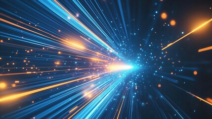 Leinwandbilder - Glowing digital technology background featuring blue and orange light rays with abstract lines of code and high-speed motion effects. Futuristic concept for big data analysis, science, and cyberspace,