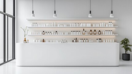 A sleek, modern pharmacy interior with white minimalist counters, bright LED lighting, and glass shelves, Photorealistic, 3D Render