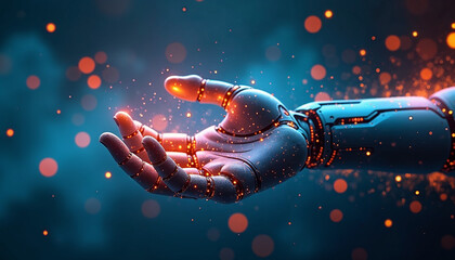 Wall Mural - A close-up of a human hand holding a glowing, magical orb or sphere, surrounded by sparkling lights and a mystical, ethereal atmosphere