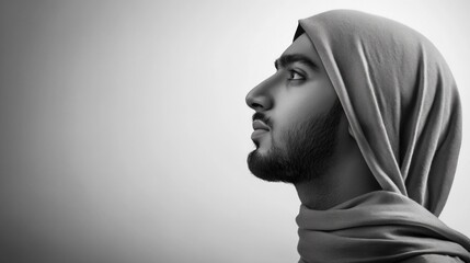 Side profile of a young man wearing a beige headscarf, looking thoughtfully into the distance. The background is soft beige, and his expression is calm. Horizontal image.