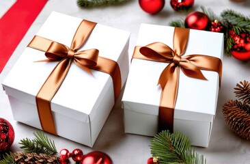 White gift boxes with brown ribbon on a table with Christmas decor.