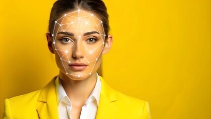 ฆmart technology for face recognition, double exposure. Biometric identification, futuristic cyber security, scanning, and facial detection