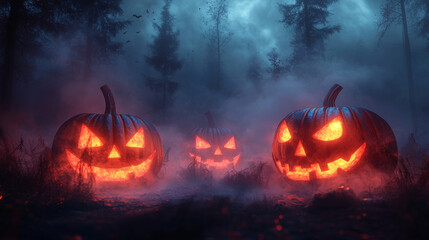 Wall Mural - Three jack-o'-lanterns glow ominously in a misty forest.