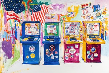 Vibrant USA Presidential Election Themed Artwork Featuring Colorful Voting Booths and Patriotic Imagery - Ideal for Political Event Promotions or Educational Materials