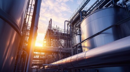 Steel tanks and pipelines stand tall in a hydrogen production facility, showcasing the machinery of energy innovation.