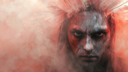 Close-up portrait of a man with war paint and feathers in his hair, looking intently with a serious expression.