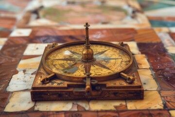 Antique compass is showing the way for explorers and travelers on a beautiful vintage map