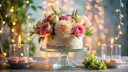 Against a soft, blurred background, a delicate glass vase filled with fresh flowers and a few strategically placed candles frames a gorgeous birthday cake with intricate designs.