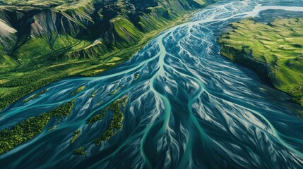 Wall Mural - Aerial View of a Meandering River Through Lush Green Hills