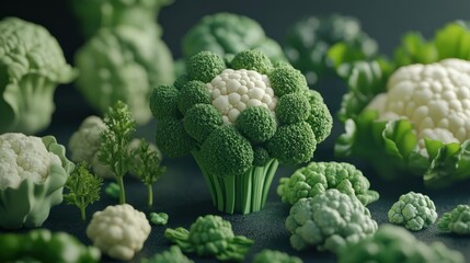 Wall Mural - Close-Up of Fresh Broccoli and Cauliflower on Black Surface