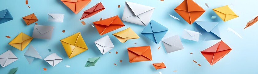 Poster - Colorful Envelopes Floating on Blue Background.