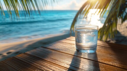 High resolution realistic photography, with a refreshing glass cup with condensed water on a wooden table, capturing the summer beach atmosphere. Blue sky, palm trees, and sunny background