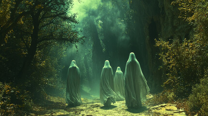 Wall Mural - Four figures in white sheets walk through a misty forest.