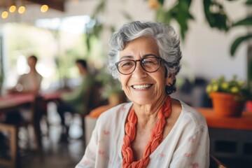 Wall Mural - Smiling portrait of a happy senior Mexican woman in nursing home