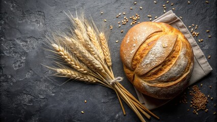 Wall Mural - Top view of a freshly baked loaf of bread and a bundle of wheat on a black tabletop, perfect for bakery concept with copy space