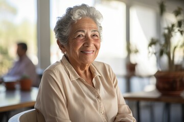 Wall Mural - Smiling portrait of a happy senior Mexican woman in nursing home