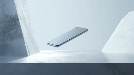 Wall Mural - A Smartphone Floating Above a White Platform