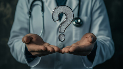 Image of a doctor with a stethoscope holding a large metal question mark