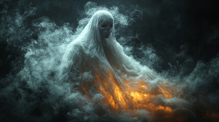 Wall Mural - Ghostly figure shrouded in smoke and fire.