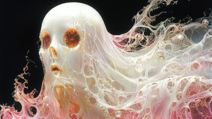 A surreal, abstract image of a face emerging from a web of pink and white.