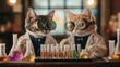 © ManitaSr - Two cats in lab coats and goggles conduct experiments with colorful liquids in a playful science setting.
