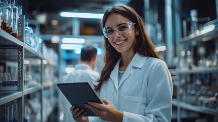 Poster - In a modern research laboratory, a young scientist is happily using a digital tablet
