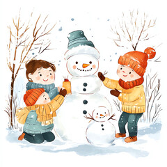 Children joyfully building a snowman in a winter wonderland, surrounded by snow and trees, capturing the essence of holiday fun.