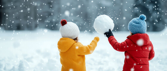 Two children play joyfully in the snow, creating snowballs and enjoying a cold winter day filled with laughter and happiness.